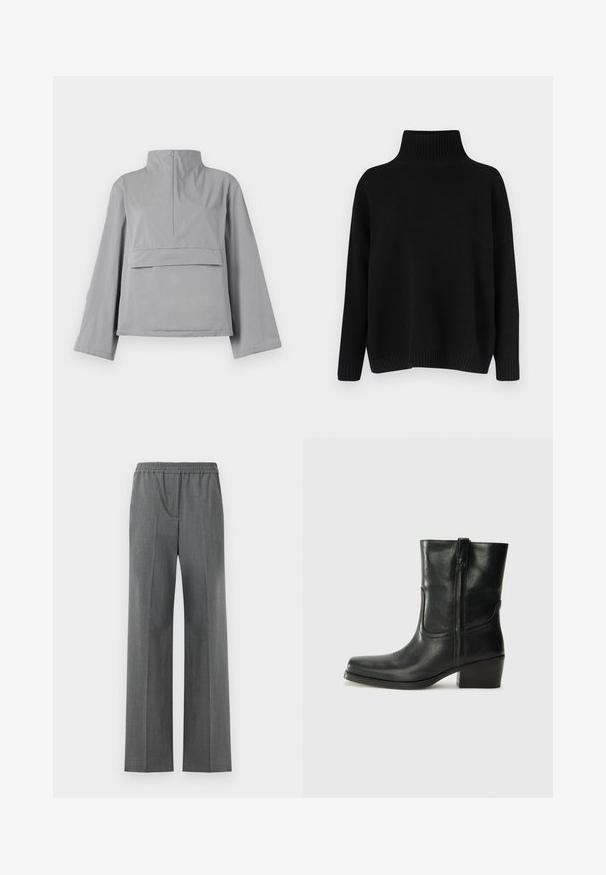 A jaqueta cinza cropped apresenta um colarinho alto, mangas soltas, um detalhe de bolso frontal e uma textura de tecido suave e leve.; Camisola preta de malha com gola alta canelada, ombros caídos e corte solto. Apresenta punhos e bainha canelados para dar textura.; Calças cinzas de perna larga com um cós elástico, feitas de um tecido texturizado com um padrão de entrelaçado subtil.; Bota de tornozelo em couro preto com bico arredondado, salto bloco, fecho lateral e detalhes em costura na parte frontal. Textura suave, design clássico.