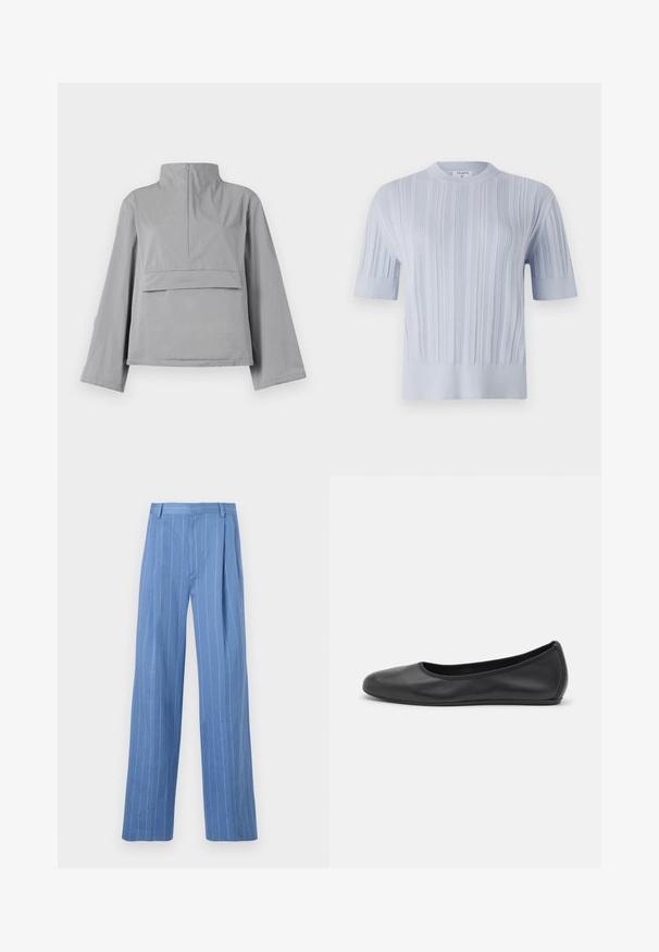 Gray cropped jacket features a high collar, loose sleeves, a front pocket detail, and a smooth, lightweight fabric texture.; Light blue short-sleeved knit top featuring vertical ribbed texture and a crew neckline. The fabric shows subtle detailing with a fitted hem.; Light blue wide-leg trousers with vertical white stripes. Made of smooth material, featuring a front pleat and a clean waistband design.; Black leather ballet flat with a rounded toe, smooth texture, minimal stitching detail, and a flexible sole design.