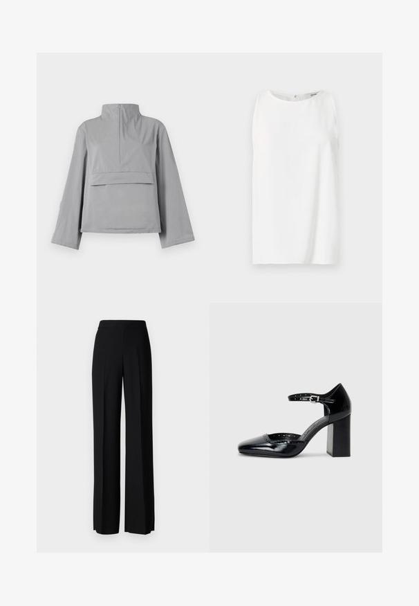 Grå kort jacka med hög krage, lösa ärmar, en framficka och en mjuk, lätt tygkvalitet.; Ärmlös vit topp i slät tyg, med rundad halsringning och rak skärning med bakstängning. Enkel och minimalistisk design.; Svarta vida byxor med en slät textur, med hög midja och centrala veck. Inga synliga mönster eller hårdvarudetaljer.; Svarta lackläders högklackade skor med fyrkantig tå, ankelrem och kraftig klack. Inkluderar perforerad detaljering längs kanten.