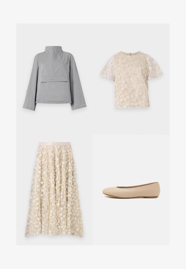 Halli lõikega hall jakk, millel on kõrge krae, lõdvad varrukad, esi-tasku detail ja sile, kerge kangas.; Beez pluus lilleline tikand, läbipaistvad puffvarrukad, ümmargune kaelus ja tagumine lukuga sulgemine. Tekstureeritud lillemustriga esitahvel.; Lillene tikandid läbipaistval kreemjas seelikuärmal, millel on satiinist vöökoht. Kujunduses on väikesed, õrnad lilled ja lehed.; Beeži nahk balletitossud ümarate varvastega, minimaalse õmbluse detailiga, madala kanna ja diskreetse logoga taga. Sile, mati tekstuur.