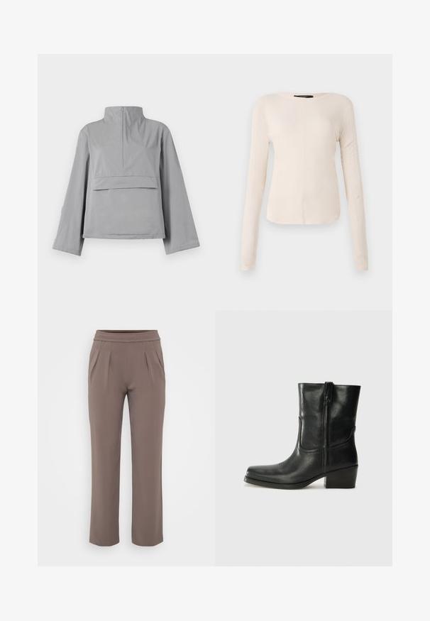 Gray cropped jacket features a high collar, loose sleeves, a front pocket detail, and a smooth, lightweight fabric texture.; Long-sleeve, light beige top with a round neckline. Made of soft fabric, features a central seam and slightly curved hem. No visible hardware.; Taupe loose-fit trousers with elastic waistband and front pleats, made from smooth fabric.; Black leather ankle boot with a rounded toe, block heel, side zipper, and stitching accents on the vamp. Smooth texture, classic design.
