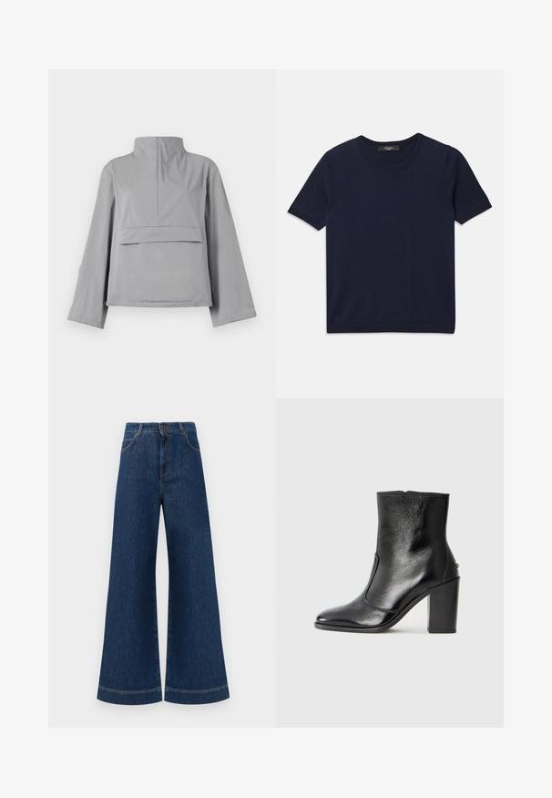 La chaqueta gris cortada presenta un alto cuello, mangas sueltas, un detalle de bolsillo en la parte frontal y una textura de tela suave y ligera.; Camiseta de manga corta de color azul marino, fabricada con un tejido suave, con un escote redondo y bordes acanalados, textura suave y sin patrones visibles.; Jeans de mezclilla azul de pierna ancha con una cintura alta, que cuentan con un cierre de botón, pasadores para cinturón y detalles de costura sutil a lo largo de los bolsillos y los dobladillos.; Botín negro de cuero con textura suave, puntera puntiaguda y un tacón alto y robusto. Presenta una apertura lateral y un diseño minimalista.