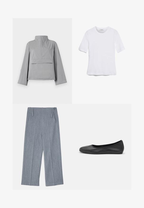 A szürke rövidített dzseki magas gallérral, laza ujjakkal, elülső zsebből álló részletekkel és sima, könnyű szövetdizájnnal rendelkezik.; Fehér, rövid ujjú póló ribbed anyagból. Kerek nyakkivágás, normál szabás és diszkrét varrási részletek. Nincsenek minták vagy grafikák.; Világosszürke, bőszárú nadrág, texturált anyagból készült, két elülső redővel és két oldalsó zsebbel. Letisztult, igényes dizájn.; Fekete bőr balettcipő lekerekített orral, sima tekstúrával, minimális varrással és rugalmas talp kialakítással.