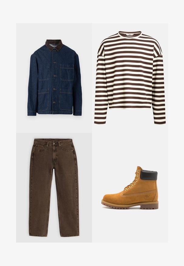 Denimjakke i mørkeblå med en krave af brunt fløjl, med knaplukning foran og fire lommer. Forstærkede syninger synlige.; Brun og creme stribet langærmet top med en rund halsudskæring, ribbet tekstur og sænkede skuldersømme, der har en cropped pasform.; Brune denim jeans med lige snit, fem lommer, frontlukning med knap og minimal syning. Blød tekstur med mat finish.; Tan nubuck ankelstøvle med sort polstret krave, gyldne metaløjer, hvid syning detaljer og robust gummisål med udtalte slidbaner.