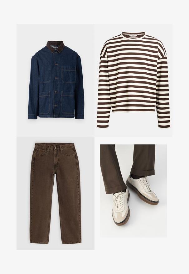 Jeansjacka i mörkblått med krage i brunt manchester, med framslutning med knappar och fyra fickor. Förstärkt sömnad synlig.; Brun och krämrandig långärmad topp med rund halsringning, ribbad struktur och sänkta axelsömmar, med en kortad skärning.; Bruna denimjeans med rak skärning, fem fickor, framknäppning och minimal sömdetalj. Mjuk textur med matt finish.; Beige sneakers med en texturerad mockafront, släta lädersidor och en brun gummisula. Snörning och ljusa sömdetaljer ingår.