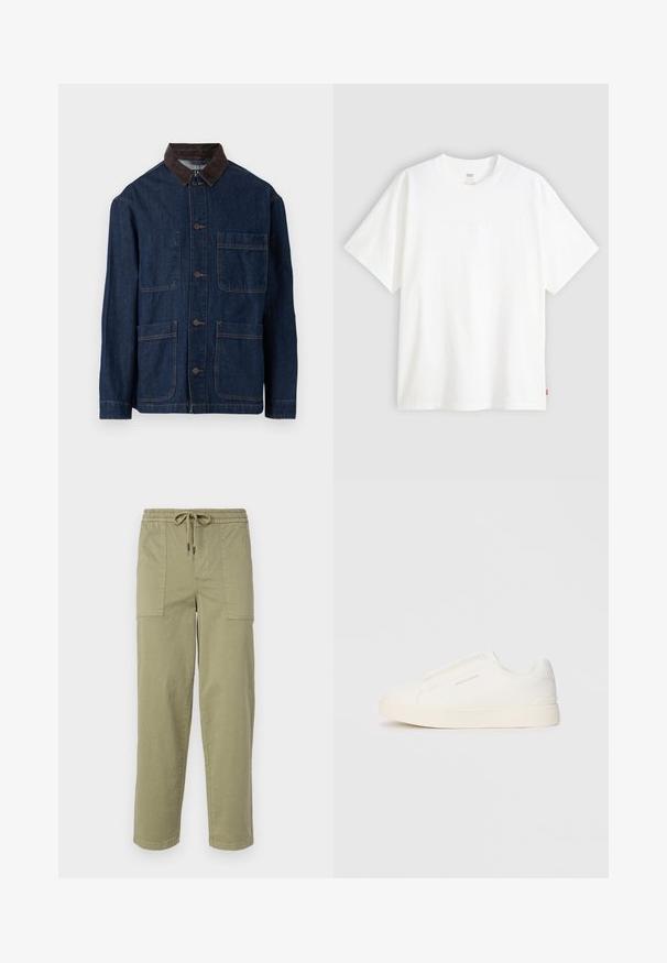 Denim jacket in dark blue with a brown corduroy collar, featuring front button closure and four pockets. Reinforced stitching visible.; White short-sleeve t-shirt made of cotton with a crew neck. Features subtle embossed logo detail on the front and a red label at the hem.; Light olive green pants made of cotton blend fabric, featuring an elastic waistband with drawstring, and two large side pockets.; White slip-on sneakers with a textured surface, a thick sole, and minimalistic design. Features brand logo on the side.