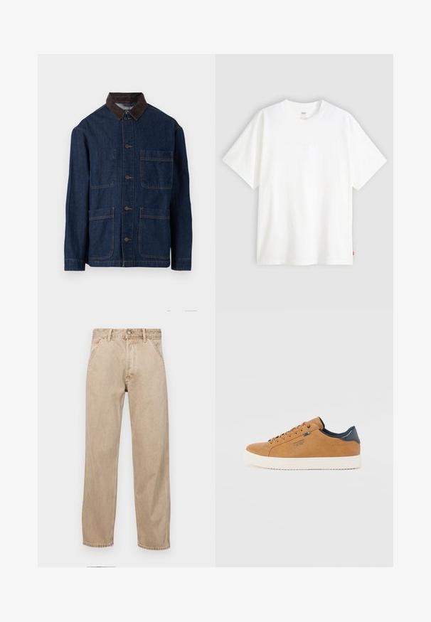 Tamsiai mėlynas džinsinis švarkas su rudomis velveto apykaklėmis, turintis priekinį užsegimą mygtukais ir keturis kišenių. Matoma sutvirtinta siūlė.; Baltas trumpas rankovės marškinėlis, pagamintas iš medvilnės, su apvalia iškirpte. Priekyje yra subtilus iškilus logotipas ir raudonas etiketas ant apačios.; Smėlio spalvos džinsai su tiesia kojų siluetu, turintys priekinę kišenę, metalinį mygtuką ir subtilią tekstūrą.; Ruda odinė sportinė avalynė su baltu guma padėklu, su apvaliais raišteliais, mėlyna akcentu ir lygaus paviršiaus. Paprastas, žemas dizainas.