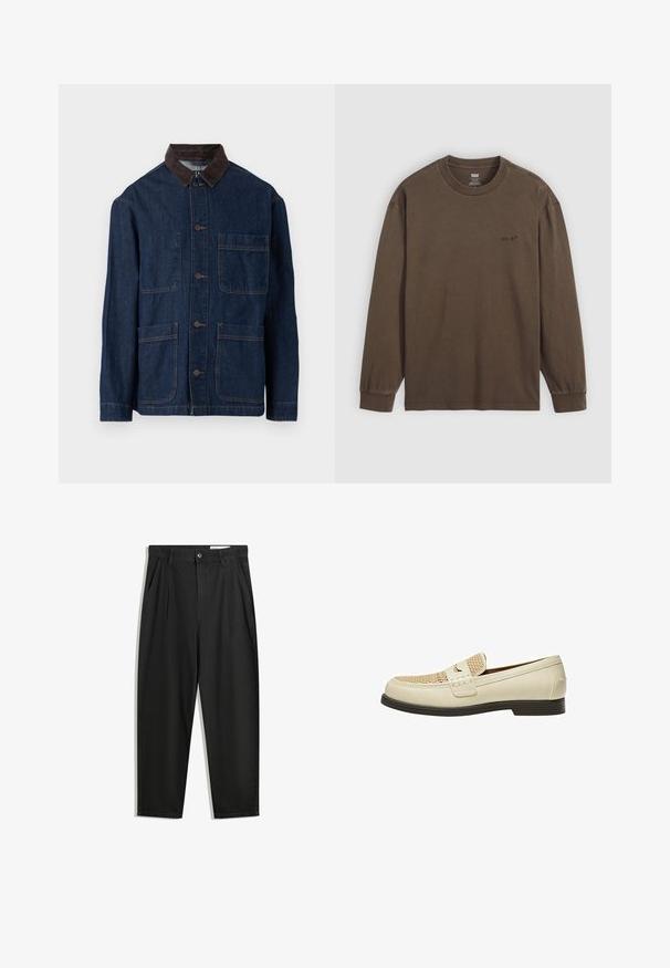 Denim jacket in dark blue with a brown corduroy collar, featuring front button closure and four pockets. Reinforced stitching visible.; Brown long-sleeve t-shirt made of cotton, featuring a round neckline and elastic cuffs. Small logo printed near the chest.; Black cotton trousers with a relaxed fit, featuring a classic waistband, front pleats, and side pockets. Smooth texture without patterns.; Beige leather loafers with woven detail on the toe and a flat brown sole. Features a decorative strap across the front.