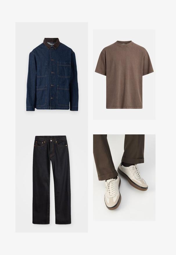 Donkerblauwe spijkerjack met een bruine corduroy kraag, voorzien van een knoopsluiting aan de voorkant en vier zakken. Verstevigde stiksels zichtbaar.; Bruine katoenen T-shirt met een ronde hals, korte mouwen en een relaxte pasvorm. Heeft een gelijkmatige textuur en eenvoudige stikdetails.; Heren straight-leg zwarte denim jeans met vijf zakken en oranje stiksels, knoop- en ritssluiting op de voorkant van de tailleband.; Beige sneakers met een leren voorkant van textuur-suède, gladde leren zijkanten en een bruine rubberen zool. Veters en lichte stikseldetails inbegrepen.