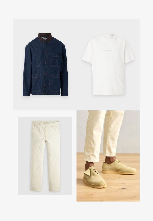 Tumesinine teksajakk pruunist korduurkaelusest, ees nupuga sulgemine ja neli taskut. Tugevdatud õmblused on nähtavad.; Valge puuvillane T-särk ümmarguse kaelusega, lühikeste varrukate ja väikese prinditud logoga ees. Sile tekstuur ja mugav lõige.; Heledadbež püksid, millel on lõtv istuvus, kolm taskut, vöökohad ja sirge lõikega disain. Valmistatud pehmest puuvillasegust materjalist.; Kerged kollased nubukijalatsid ümmarguse varbaga ja madala profiiliga, millel on rihmad ja kummist tald, koos kreemivärvi pükstega.