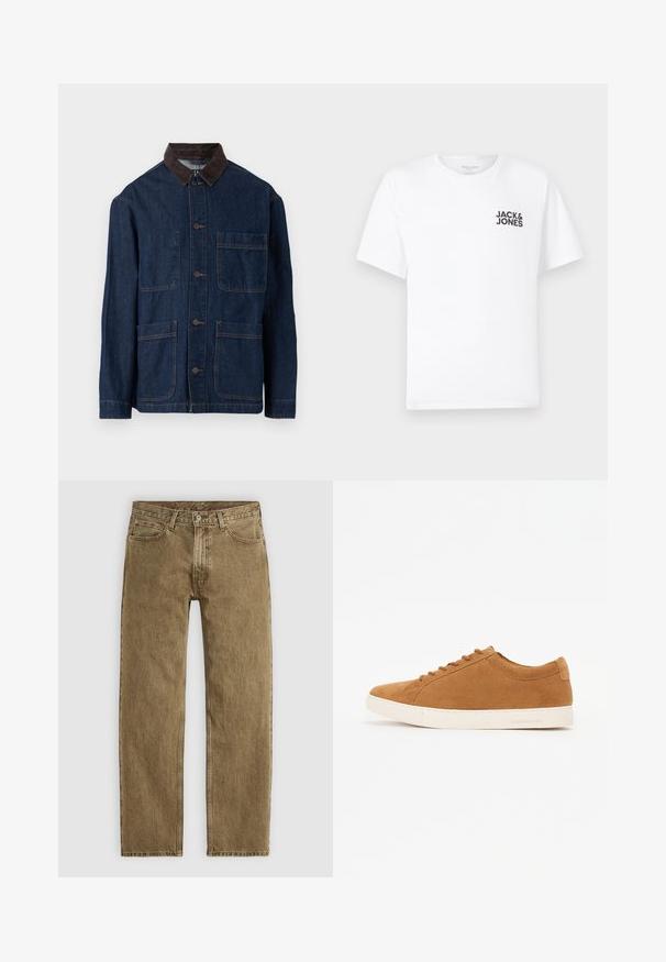 Denimjakke i mørkeblå med en krave af brunt fløjl, med knaplukning foran og fire lommer. Forstærkede syninger synlige.; Hvid bomulds t-shirt, korte ærmer, rund hals. Har et sort tekstlogo "JACK & JONES" på venstre brystområde. Enkelt, ensartet design.; Lysebrune denimbukser med lige ben design, fem lomme stil og hardware i kopfarbe. Struktureret stof med synlige sømdetaljer.; Brune ruskind sneakers med et lavt design, hvid gummisål og rund tå. Har matchende snørebånd og minimal branding på hælen.