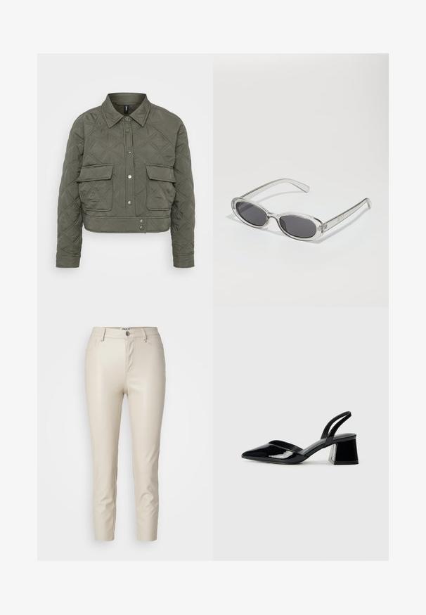 Jaqueta corta em tecido verde oliva, acolchoada, com fecho frontal por botões, dois bolsos no peito e padrões em losangos na superfície.; T-shirts preto e branco, de decote redondo e mangas curtas. A camisa preta apresenta um bordado de sol amarelo; a branca tem um detalhe de lua crescente roxa.; Calças de imitação de pele bege com um corte justo, bolsos frontais e fecho de botão, apresentando textura suave e pernas afuniladas.; Sandy em verniz preto com salto slingback, ponta afilada e salto geométrico. Apresenta um design elegante e minimalista com textura suave.; Óculos de sol com formato oval, armação de plástico transparente, lentes cinza-escuro e hastes finas transparentes com detalhes do logótipo e um design minimalista.