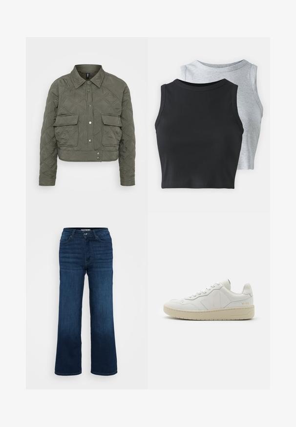 Suvyniotas trumpas švarkas olivinės spalvos audinyje, turintis mygtukų užsegimą priekyje, dvi krūtinės kišenes ir deimantinius raštus paviršiuje.; Even&Odd Petite 2 PACK - Viršus - light grey/black; ONLY Petite ONLMADISON BLUSH WIDE - Platėjantys džinsai - dark blue denim; Baltos odinės sportinės bateliai su perforuota pirštų zona, kontrastinga bežine gumine vibramu ir logotipų akcentais šone ir kulne. Minimalistinis dizainas.