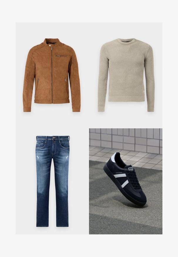 Beige Wildlederjacke mit Stehkragen, vorderem Reißverschluss, zwei Seitentaschen und einer mit Reißverschluss versehenen Brusttasche. Glatte Textur, minimalistische Gestaltung.; Beige gestrickter Pullover mit langen Ärmeln, gerippten Bündchen und Saum, Rundhalsausschnitt, strukturiertem Muster, aus weichem Material hergestellt.; Blaue Denim-Jeans mit regulärer Passform, ausgestattet mit einer verwaschenen Optik, leichten Gebrauchsspuren, fünf Taschen und Kontrastnähten. Knopfverschluss am Bund.; Schwarze Leder-Sneaker mit weißen Streifen, strukturiertem Gummisohle und Schnürung. Verfügt über ein Markenetikett auf der Zunge.