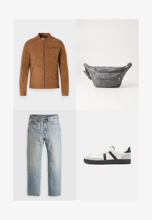 Jachetă din suede bej, cu guler tip stand, închidere frontală cu fermoar, două buzunare laterale și un buzunar pe piept cu fermoar. Textură netedă, design minimalist.; Hanorac de culoare verde închis, realizat dintr-un material moale, având o buzunar tip kangur, șnururi și un logo alb pe partea stângă a pieptului.; Jeans din denim de culoare albastru deschis, cu talie înaltă, nasture frontal, fermoar și design cu cinci buzunare, așezate platesc pe un fundal neutru.; Sneaker alb cu accente negre și gri, având un capac de vârf gri texturat, talpă din cauciuc negru și șireturi plate albe. Design elegant, stil minimalist.; Borseta gri din suede, cu o formă rotunjită, două compartimente cu fermoar și curea ajustabilă. Are accente din metal.