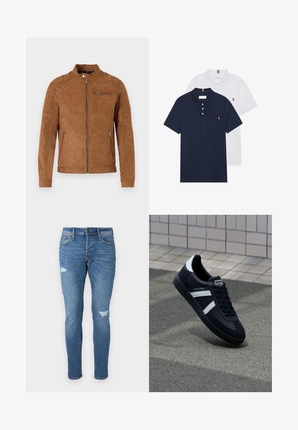Giacca scamosciata beige con colletto rialzato, chiusura con zip frontale, due tasche laterali e una tasca sul petto con zip. Texture liscia, design minimalista.; Due polo shirt: uno blu navy e uno bianco, entrambi con un piccolo accento rosso, bianco e blu sulla tasca del petto e sul colletto.; Jeans in denim blu sbiadito con vestibilità slim, caratterizzati da zone strappate sulle ginocchia, chiusura con bottone e design a cinque tasche.; Sneaker neri in pelle con strisce bianche, suola in gomma texturizzata e allacciatura frontale. Presenta un'etichetta con il marchio sulla linguetta.