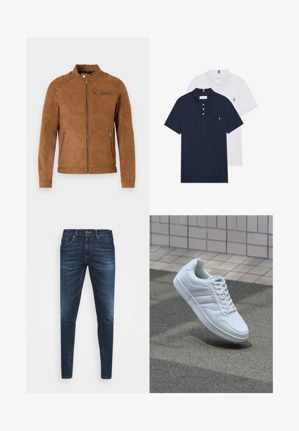 Tan suède jas met een staande kraag, ritssluiting aan de voorkant, twee zijzakken en één ritszak op de borst. Gladde textuur, minimalistisch ontwerp.; Twee polo shirts: één marineblauw en één wit, beide met een kleine rood, wit en blauwe accent op de borstzak en kraag.; Donkerblauwe denim jeans met een slim fit, subtiele vervaging, vijf zakken en een metalen knoopsluiting. Gestikte accenten in contrasterende kleur.; Witte sportsneaker met een glad leren bovenwerk, vetersluiting aan de voorkant, geperforeerde neus en een geprofileerde zool. Minimalistisch ontwerp met drie zijstrepen.