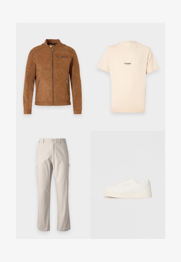 Tan suède jas met een staande kraag, ritssluiting aan de voorkant, twee zijzakken en één ritszak op de borst. Gladde textuur, minimalistisch ontwerp.; Korte mouwen, roomkleurig T-shirt van katoen met een ronde hals. Heeft een kleine zwarte logo print op de borst.; Beige cargobroek van stevig katoen met rechte pijpen, voorknopsluiting en zijzakken voor gebruiksgemak. Gladde textuur met subtiele stiksels.; Witte instap sneakers met een gestructureerd oppervlak, een dikke zool en een minimalistisch ontwerp. Bevat het merklogo aan de zijkant.