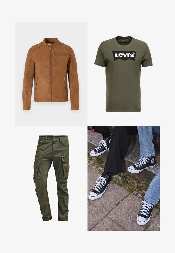 Beige Wildlederjacke mit Stehkragen, vorderem Reißverschluss, zwei Seitentaschen und einer mit Reißverschluss versehenen Brusttasche. Glatte Textur, minimalistische Gestaltung.; Olivegrünes Baumwoll-T-Shirt mit einem großen schwarzen Levi's-Logo auf der Vorderseite. Klassischer Rundhalsausschnitt und kurze Ärmel, glatte Textur.; Olivgrüne Cargo-Hosen aus strapazierfähiger Baumwolle. Sie verfügen über mehrere Taschen, eine mit Reißverschluss versehene Seitentasche und ein tapered Bein mit einer leicht strukturierten Oberflächenbeschaffenheit.; Schwarzecanvas-Sneaker mit hohem Schaft, weißen Gummisohlen und Schnürsenkeln, die ein rundes Logo an der Seite besitzen und mit Denim- sowie schwarzen Hosen kombiniert sind.