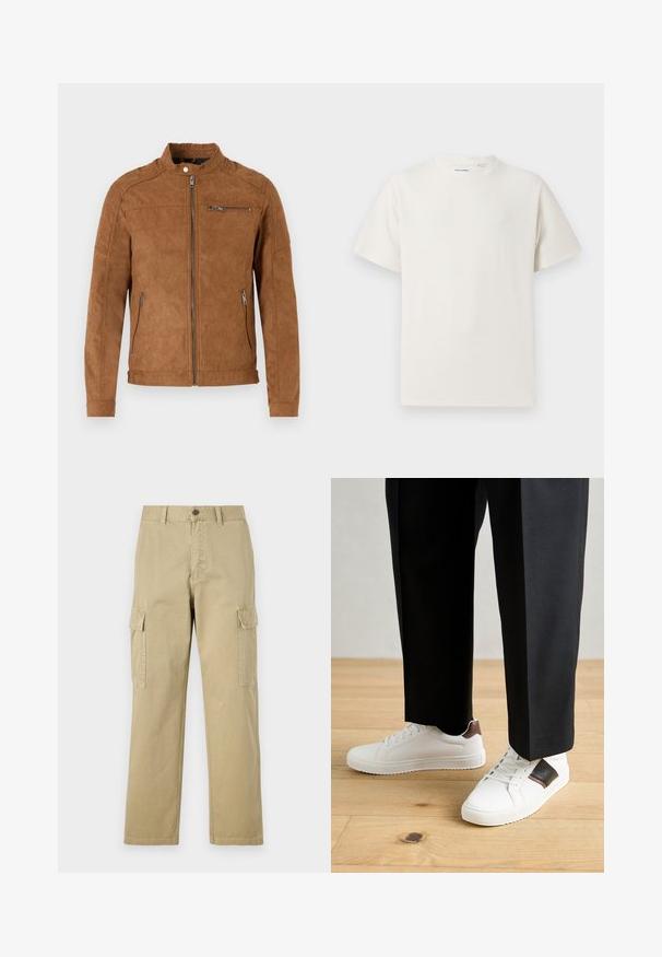 Veste en daim beige avec col montant, fermeture éclair à l'avant, deux poches latérales et une poche poitrine zippée. Texture lisse, design minimaliste.; T-shirt blanc à manches courtes en texture côtelée. Encolure ronde, coupe décontractée, sans motifs ni accents visibles. Design simple et polyvalent.; Pantalons cargo beiges en coton, dotés de deux poches latérales, d'une fermeture à bouton et de jambes droites avec un tissu légèrement texturé.; Des sneakers blanches au texture lisse, avec des accents en cuir marron et des détails noirs, assorties à un pantalon noir ajusté. Fond en parquet.