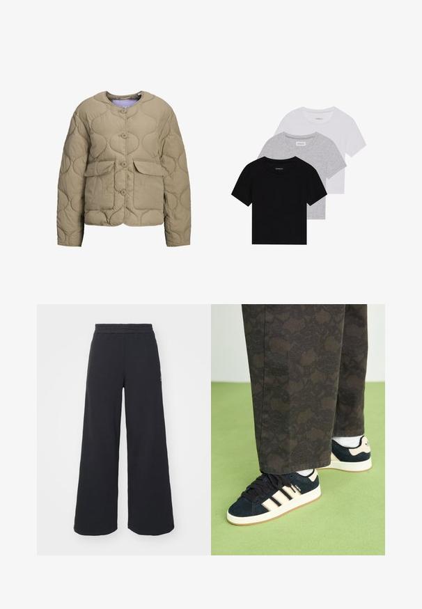 Μπεζ καπιτονέ μπουφάν με στρογγυλή λαιμόκοψη, μπροστινούς κουμπιά και δύο ραμμένες τσέπες. Διαθέτει αφράτη υφή και άνετη γραμμή.; Σετ τριών κοντομάνικων μπλουζών σε μαύρο, γκρι και άσπρο. Κατασκευασμένες από βαμβάκι, διαθέτουν λαιμόκοψη και απλό, μονόχρωμο σχέδιο.; Μαύρα ανοιχτά παντελόνια φόρμας από μαλακό υλικό, με ελαστική μέση και μικρό λογότυπο στην αριστερή πλευρά.; Μαύροι και σχεδιασμένοι παντελόνες συνδυασμένοι με ναυτικές σουέτ αθλητικά παπούτσια με κρεμ λωρίδες και λευκά πέλματα. Οι επιφάνειες που εμφανίζονται είναι υφασμένες και επίπεδες.