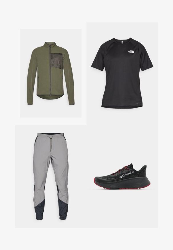 Olivroheline fliiskatse struktuurse tekstuuriga, lukuga esiosas ja vasakul rinnal kontrastse materjaliga taskuga. Kaks külge lukku.; Must mustreening, lühikeste varrukatega sportpoliis, millel on tekstuuriga kangas, valge logo vasakul rinnal ja sirge äär.; Kergedatud hallid sportlikud püksid mustade aktsentidega. Elastne vöökoht, stringiga sulgemine, kitsenev jala disain ja küljetaskud.; Mustan värvi spordijalats tekstuuriga pealisega, punaste paelte ja logoga. Paksem tallaga, millel on mustritooted kaheksast edasi liikumiseks. Minimalistlik disain, külgvaade.