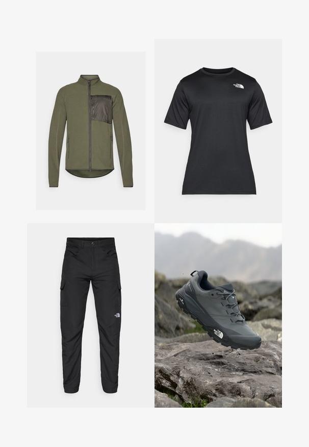 Fleecejakke i olivengrønn med en strukturert tekstur, glidelås foran, og en kontrastfarget lomme på venstre bryst. To sidelommer med glidelås.; Svart t-skjorte med korte ermer laget av lett, fukttransporterende stoff. Har en hvit logo på venstre bryst og rund hals.; The North Face HORIZON PANT - Friluftsbukser - black; Grå terrengløpesko med en teksturert overdel, slitesterk gummisåle og forsterket tåhette. Inkluderer snørebånd og merkevarelogo på siden.
