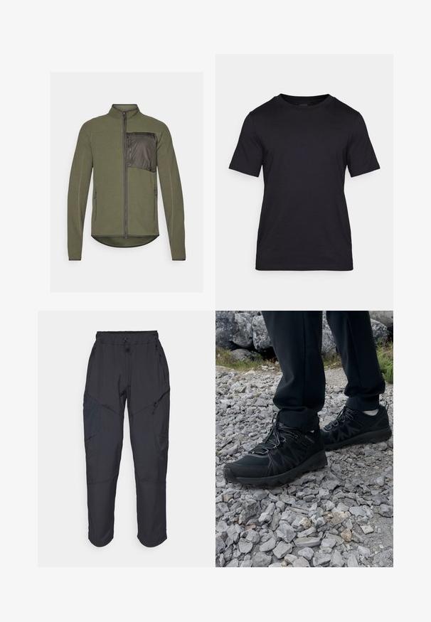 Fleecejacke in Olivgrün mit strukturierter Oberfläche, Reißverschluss vorne und einer kontrastierenden Stofftasche auf der linken Brust. Zwei seitliche Reißverschlüsse.; Schwarzes T-Shirt aus glattem Stoff mit Rundhalsausschnitt und kurzen Ärmeln. Dezente Markenlogo-Druck in Schwarz auf der Brust.; Schwarze Cargo-Hosen aus leichtem, wasserabweisendem Material; verfügen über einen elastischen Bund, mehrere Reißverschlusstaschen und schmal zulaufende Beine.; Schwarze Outdoor-Schuhe aus Mesh und synthetischem Material, mit einer strukturierten Oberseite, gesichertem Schnürsystem und griffiger Laufsohle, auf felsigem Gelände.