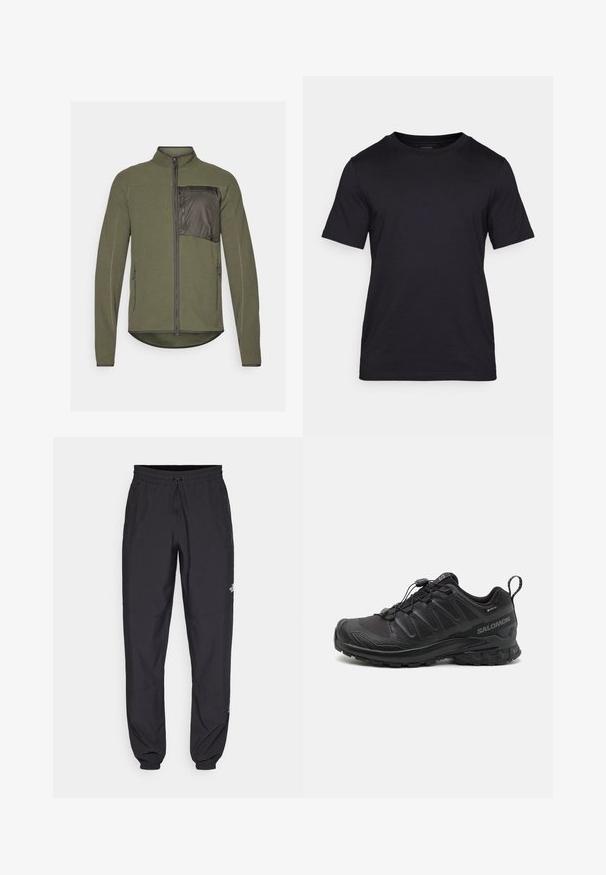 Fleece jacket in olive green with a structured texture, zip front, and a contrasted fabric pocket on the left chest. Two side zippers.; Black T-shirt made of smooth fabric, featuring a crew neckline and short sleeves. Subtle branding printed in black on the chest.; Black athletic pants made from lightweight fabric, featuring a drawstring waistband, side pockets, and tapered cuffs at the ankles.; Black athletic shoe with a textured synthetic upper, cushioned sole, and a quick-lacing system. Features a reinforced toe and heel.