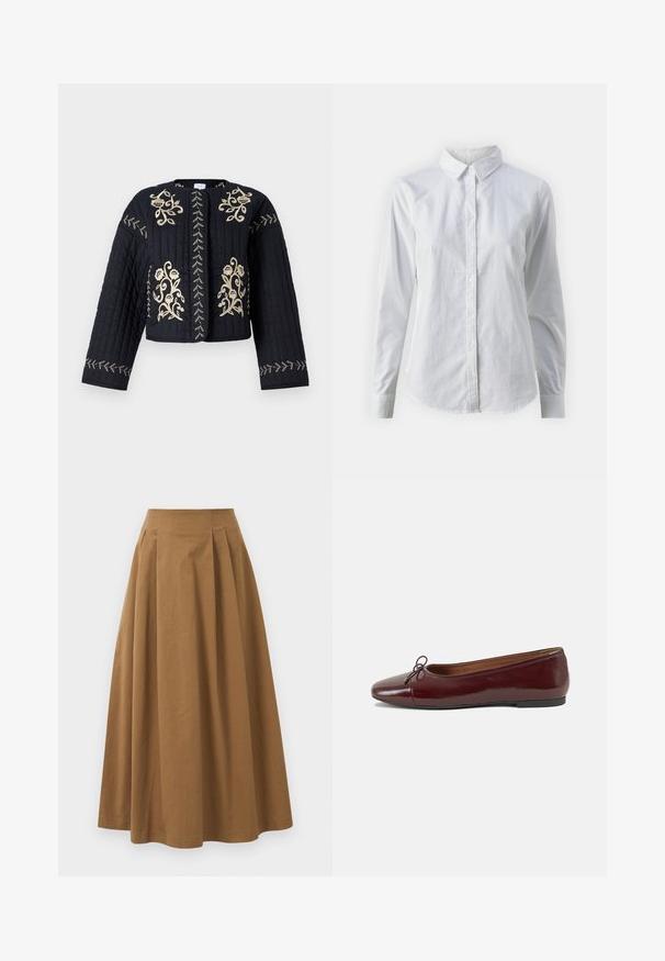 Črna zložena jakna z zlatim cvetličnim vezenjem. Ima skrajšan kroj, široke rokave in okrasno šivanje ob robovih.; Bela srajca z gumbki, narejena iz gladkega bombaža, s klasičnim ovratnikom, dolgimi rokavi in ukrivljenim robom. Gumbi so majhni in beli.; Rjava bombažna A-linijska krila z visokim pasom, ki vključuje naborke spredaj in gladko teksturo. Robovi so čisti in preprosti.; Burgundska patenti usnjeni baletni čevlji z zaobljenim prstom, majhnim lokom na sprednji strani in nizkim črnim gumijastim podplatom. Gladka tekstura.