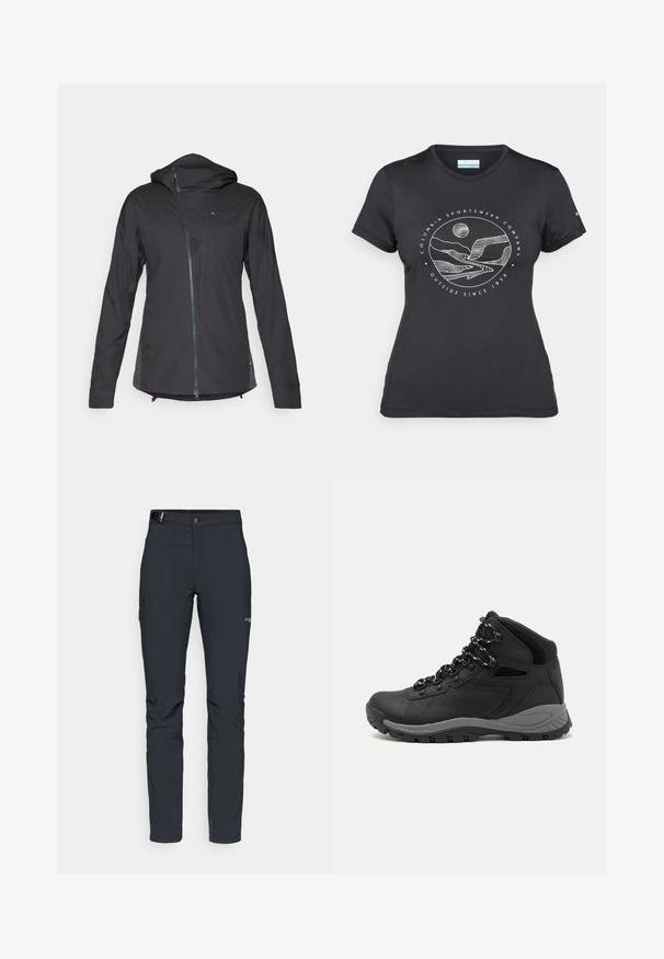 Veste légère noire avec capuche, dotée d'une fermeture éclair à l'avant, d'accents texturés et d'un panneau en mesh respirant sur la poitrine.; T-shirt noir Columbia avec un dessin linéaire blanc de montagne et de rivière en cercle et le texte "Columbia Sportswear Company À l'extérieur depuis 1938."; Pantalons de plein air pour hommes, gris foncé, fabriqués en matériau flexible, dotés d'une ceinture, de poches zippées et de coutures renforcées.; Botte de randonnée noire au design mi-haut, avec un dessus texturé, des accents gris et une semelle en caoutchouc durable avec des crampons de traction.