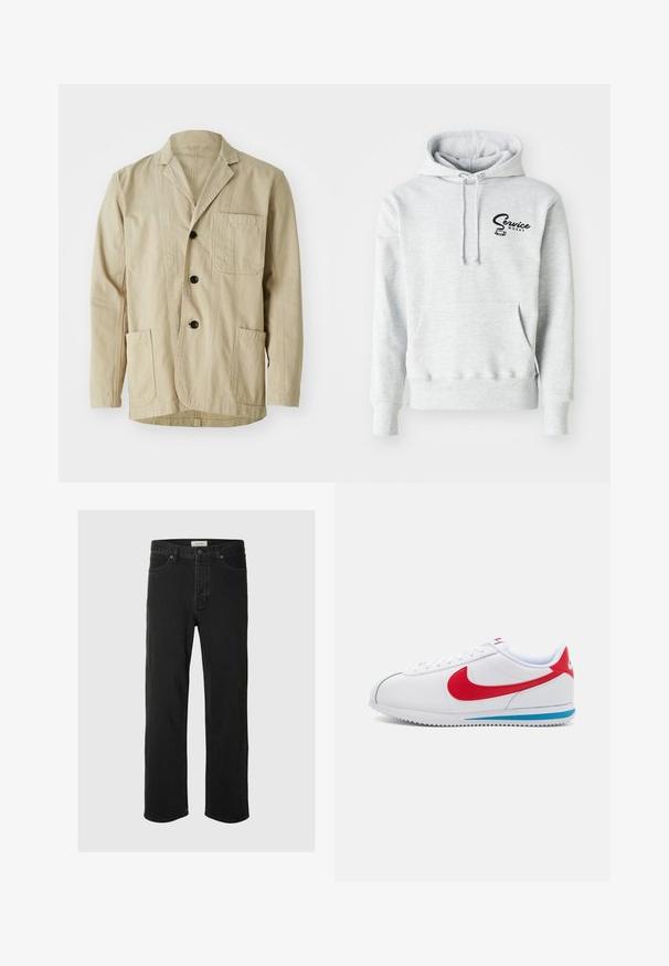 Beige bomulljakke med klaffekrage, tre knapper, tre lommer og rett kant. Teksturert stoff med et minimalistisk design.; Grå hettegenser laget av mykt stoff, med en frontlomme, snørehette og en svart "Service Works" logo på venstre brystområde.; Svarte denimjeans med rett ben har et klassisk fem-lommers design, knappestengning, minimal søm og en myk tekstur.; Hvite joggesko med røde detaljer, med en glatt lær-overdel, rund tå og blå såle. Snøring med synlige sømmer.