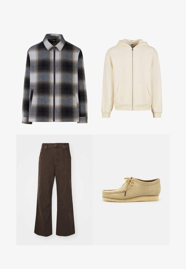 Jakna s kragnom u kariranom uzorku, koja sadrži crnu, bijelu i bež boju. Zatvaranje na patentni zatvarač i dva bočna džepa. Meko na dodir.; Kremeni zip-up dukserica napravljena od mekanog materijala, sa podstavljenom kapuljačom, prednjim dzepovima i rebrastim manžetama i donjim rubom za udoban fit.; Bijela pamučna majica s kratkim rukavima, zaobljenim izrezom, opuštenog kroja, bez vidljivih logotipa ili uzoraka. Glatka tekstura i minimalni dizajn.; Smeđe hlače širokih nogavica od pamuka, s visokim strukom, prednjim džepovima i glatkom teksturom. Završetak uključuje suptilne detalje šivanja.; Bež sučni cipele s dizajnom s vezicama, šivenim detaljima i gumenenim potplatom. Oblik je ležeran s laganim štiklama.