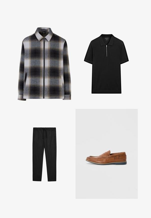 Kraged jacka i rutigt mönster, med svarta, vita och beige nyanser. Dragkedjestängning och två sidofickor. Mjuk textur.; Svart kortärmad pikétröja med ståkrage och frontdragkedja. Tillverkad av ett mjukt tyg med en ren, minimalistisk design.; Massimo Dutti JOGGER FIT - Tygbyxor - black; Bruna läder loafers med rund tå, sydda accenter och en låg gummisula. Designen har ett band över framsidan.