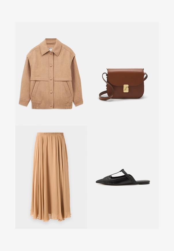 Tan ullblandad jacka med krage, knappstängning, två framfickor och en något oversized passform med uppvikta ärmar.; Ljusbeige kortad tröja med dragkedja i mock neck, med ett strukturerat mönster samt ribbade mudd och nederkant. Kombinerar stickade och vävda material.; Maxikjol i ljusbeige, tillverkad av fladdrande tyg. Har en samlad elastisk midja och mjuka veck för rörelse.; Svart läderslingback-sko med spetsig tå, med en vävd detalj och plisserad överdel. Platt sula med minimal hårdvara.; Brun läderhandväska med klaffstängning, guldfärgad hårdvara, axelrem och en slät yta. Kompakt rektangulär form.