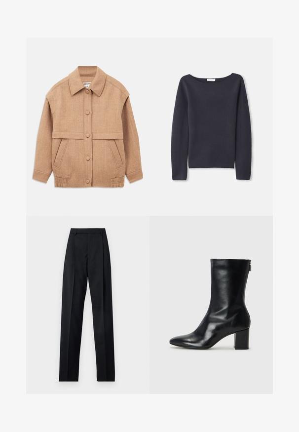 Veste en mélange de laine beige avec un col, des fermetures à boutons, deux poches avant et une coupe légèrement oversize avec des poignets retroussés.; Pull en maille bleu marine à manches longues avec un col large, une texture douce et une coupe décontractée. Présente des coutures minimales et aucun fermoir visible.; Pantalon noir en tissu lisse avec taille haute, jambes larges, plis à l'avant et passants de ceinture classiques. Pas de poches latérales visibles.; Bottine en cuir noir avec un bout pointu et un talon carré de 4 cm. Design élégant avec une fermeture éclair sur le côté pour un enfilage facile. Texture lisse.