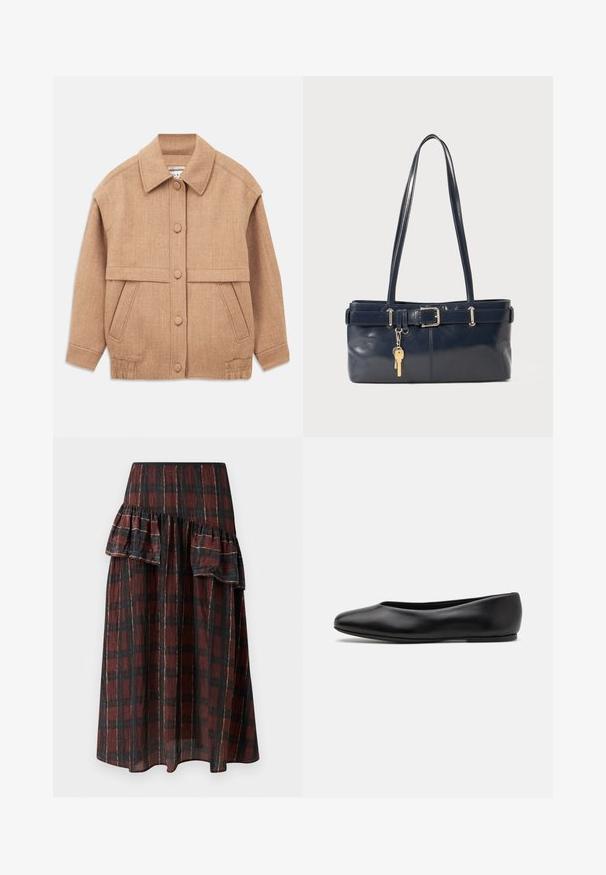 Svetle hnědý kabát z vlněné směsi s límečkem, knoflíkovým zapínáním, dvěma předními kapsami a mírně oversize střihem s manžetami na rukávech.; Hladký krémový polo tričko s dlouhými rozevlátými rukávy a páskou s pěti knoflíky. Obsahuje límeček s jemnou texturou.; Maxi sukně v tmavě červeném a černém kostkovaném vzoru, s vrstvenými volánky v pase, vyrobená z lehkého materiálu s jemnou Texturou.; Paul Smith TOPANGA - Klasické baleríny - black; Námořnická kožená kabelka s dvěma dlouhými uchy, detaily s přezkou a připevněným klíčenkou. Vyznačuje se hladkým povrchem a obdélníkovým tvarem.
