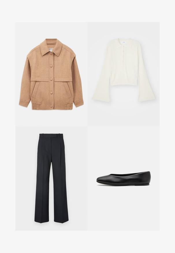 Beige Wollmischjacke mit Kragen, Knopfverschlüssen, zwei vorderen Taschen und einem leicht oversized Schnitt mit umgeschlagenen Ärmeln.; Geripptes, cremefarbenes Polohemd mit langen, ausladenden Ärmeln und einer Knopfleiste mit fünf Knöpfen. Verfügt über einen Kragen mit einer weichen Textur.; Dunkelblaue Nadelstreifenhosen mit hoher Taille, weit geschnittenem Bein und ohne sichtbare Beschläge oder Verzierungen. Glatte Textur und taillierte Passform.; Paul Smith TOPANGA - Klassischer Ballerina - black