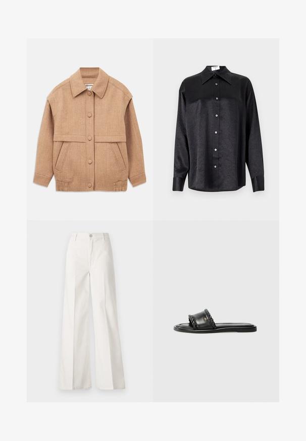 Tan wool-blend jacket featuring a collared neck, button closures, two front pockets, and a slightly oversized fit with cuffed sleeves.; Black long-sleeve shirt with a collared neckline, featuring a crinkled texture, full button front, and cuffs. Made from a smooth fabric.; White wide-leg trousers made from cotton with a smooth texture. Features a front button, zipper fly, and four-pocket design.; Black leather sandal with a woven strap detail, flat sole, and a sleek design. Smooth texture and minimalistic profile.