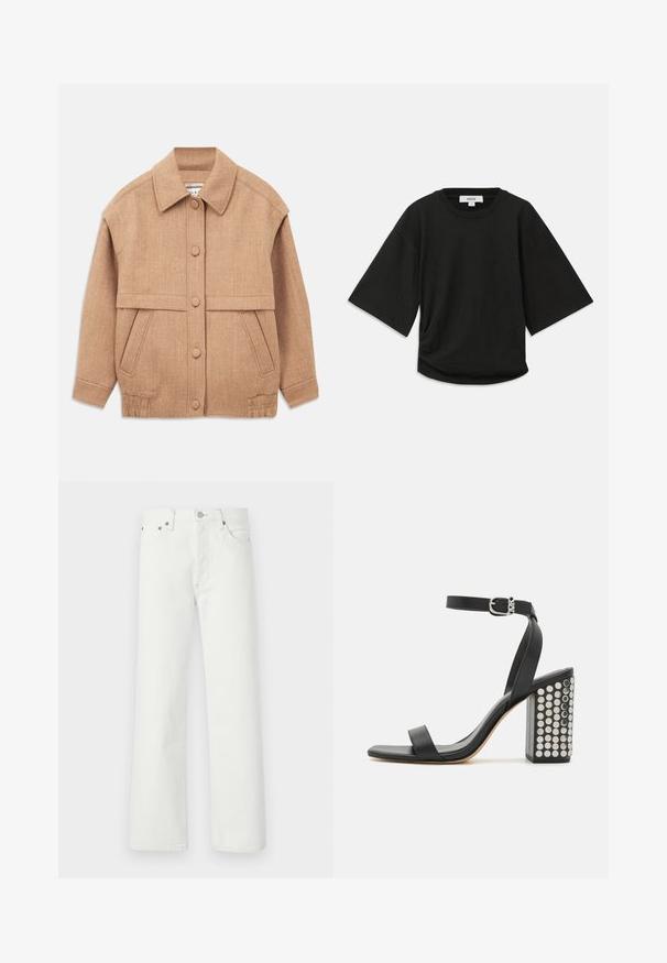 Tan wool-blend jacket featuring a collared neck, button closures, two front pockets, and a slightly oversized fit with cuffed sleeves.; Black short-sleeve t-shirt made of soft cotton, featuring a round neckline and a relaxed fit with a subtle gathered detail at the side.; White denim jeans featuring a straight-leg cut, five-pocket design, and metal hardware accents on the waistband and pockets.; Black leather heeled sandals with an ankle strap. Features a square toe, smooth texture, and square block heel adorned with silver studs.