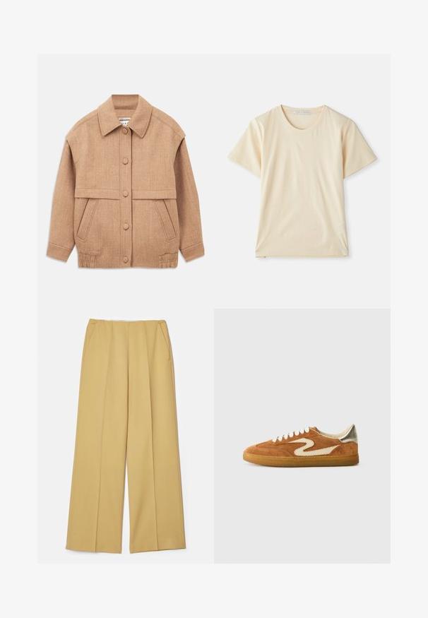 Tan wool-blend jacket featuring a collared neck, button closures, two front pockets, and a slightly oversized fit with cuffed sleeves.; Cream-colored T-shirt made of soft, lightweight cotton, featuring short sleeves and a round neckline. No visible patterns or accents.; Wide-leg trousers in a mustard yellow fabric, featuring front pockets and a smooth texture, with a clean, tailored design.; Suede sneakers in brown and cream, featuring a unique zigzag design, beige laces, and a gum rubber sole. Metallic accents on the heel.