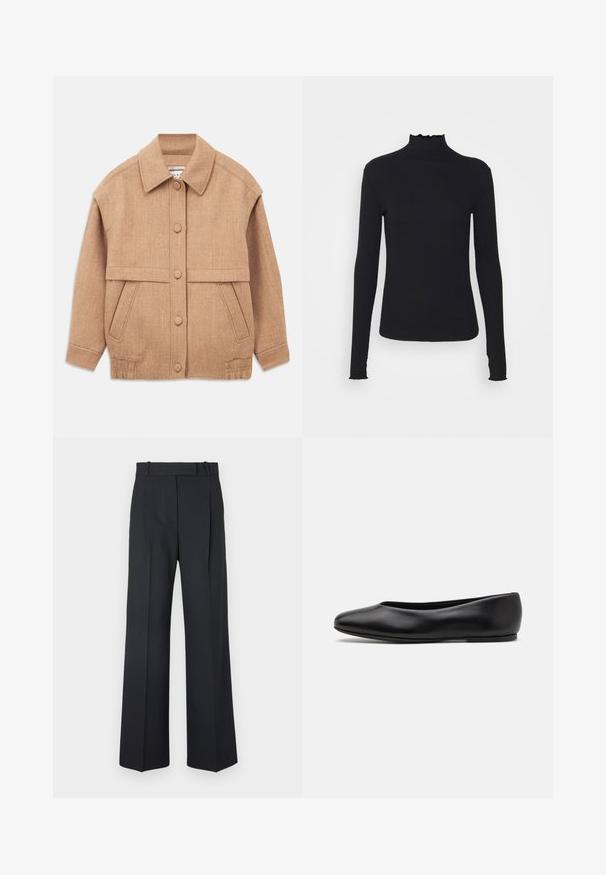 Lysbrun uldblandet jakke med krave, knaplukning, to forlommer og en let oversized pasform med opfoldede ærmer.; Sort langærmet turtleneck top lavet af glat stof, med en rynket krave og tætsiddende silhuet med enkle kanter.; Mørkeblå stribede bukser med høj talje, vidde bendesign og ingen synlig hardware eller dekorationer. Glat tekstur og skræddersyet pasform.; Paul Smith TOPANGA - Ballerinasko - black