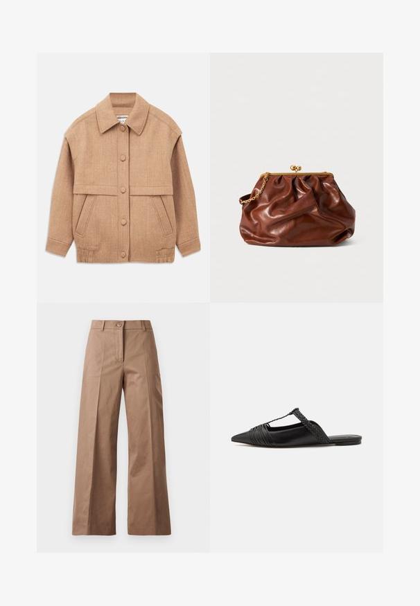 Jachetă din lână în amestec de culoare bej, cu guler, închidere cu nasturi, două buzunare frontale și o croială ușor supradimensionată, cu mâneci cu manșete.; Cămașă albă cropped cu mânecă lungă din bumbac. Prezentă un închizător cu nasturi în față, un buzunar pe piept și un mic logo negru în partea stângă jos.; Pantaloni largi de culoare maronie, confecționați dintr-un material neted, având o închidere cu nasture în față, două buzunare frontale și linii curate, croite.; Pantofii din piele neagră cu curea la spate au vârful ascuțit, prezentând un accent țesut și un design superior pliat. Talpa joasă cu hardware minim.; Plică din piele maro cu ramă aurie și mânere scurte din lant auriu, având o textură moale, pliată pe un fundal alb.