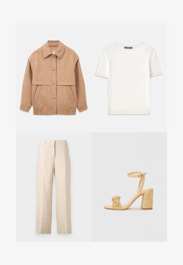 Kreemivärvi villa segajakk, millel on krae, nööbid, kaks esist suud, ning veidi üle mõõdu suurus koos mansettidega varrukatega.; Valge lühikeste varrukatega soonikutega viimistletud ringkaelusega kampsun, millel on sile tekstuur.; Bež linasest püksid, millel on lõtv istuvus, volditud eesmine osa ja sirged jalad. Omab vööd, millel on vöökohaga silmused, ja nähtavaid taskuid ei ole.; Beez kõrge kontsaga sandaalid, millel on punutud tekstuur, dekoratiivne lilleke ja pahkluu rihm. Ruudukujuline konts tagab stabiilsuse.