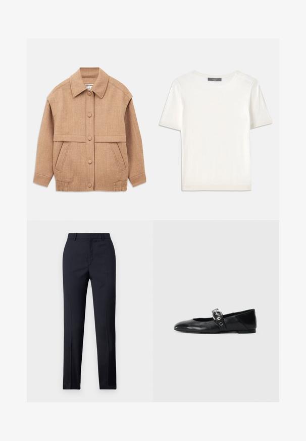 Jachetă din lână în amestec de culoare bej, cu guler, închidere cu nasturi, două buzunare frontale și o croială ușor supradimensionată, cu mâneci cu manșete.; Top tricotat alb cu mânecă scurtă, cu decolteu rotund, având o textură netedă și accente subtile cu nervuri la mâneci și la margine.; Pantaloni tailor-made de culoare bleumarin cu o croială dreaptă, având o textură netedă, două buzunare frontale și o talie curată.; Balerini din piele neagră, cu vârful ascuțit, având o curea cu o cataramă metalică circulară și o talpă plată.