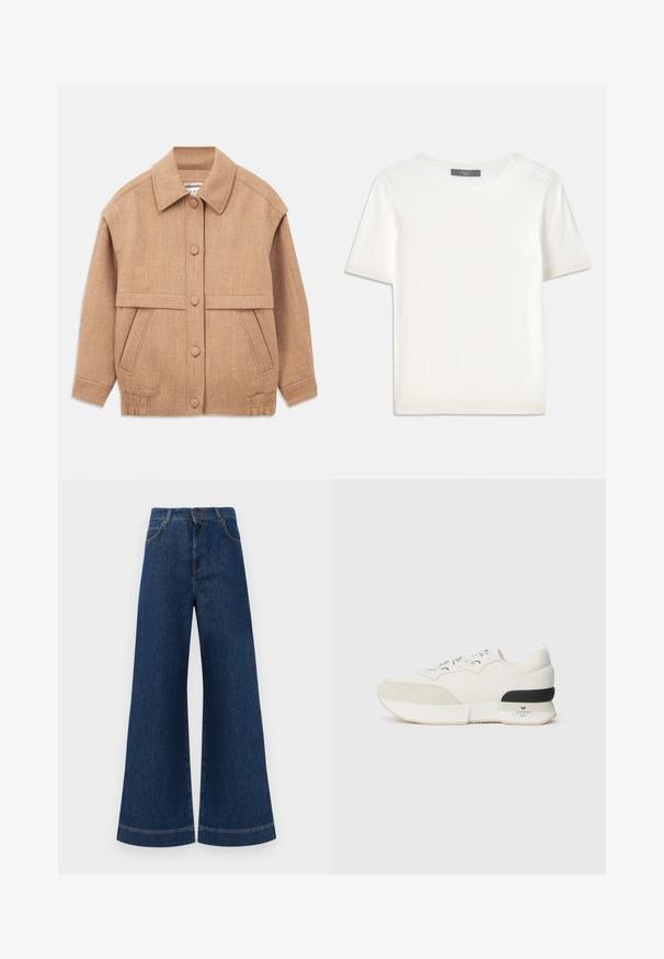 Giacca in misto lana color sabbia con colletto, chiusura con bottoni, due tasche frontali e una vestibilità leggermente oversize con maniche con risvolto.; Top corto a maniche corte di colore bianco, in maglia, con scollatura rotonda. Presenta una texture liscia e accenti a coste sottili sulle maniche e sull'orlo.; Jeans in denim blu a gamba larga con vita alta, dotati di chiusura a bottone, passanti per cintura e dettagli di cucitura sottili lungo le tasche e i orli.; Sneaker bianca con una punta in suede testurizzato, parte superiore in mesh liscia, lacci decorativi e un accento sul tallone in gomma nera.