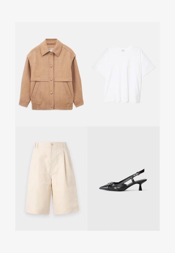 Kreemivärvi villa segajakk, millel on krae, nööbid, kaks esist suud, ning veidi üle mõõdu suurus koos mansettidega varrukatega.; Valge puuvillane T-särk lühikeste varrukatega, ümmargune kaelus, mugav lõige ja õmmeldud serv. Silt nähtav kaela seest.; Beezid linane lühikesed püksid, millel on mugav lõige, nupuga sulgemine, volditud disain ja kuni põlve ulatuv lõige. Sile tekstuur ja lihtne stiil.; Must must have must toote tõmblukuga, dekoratiivsed rihmad metallist silmadega ja madal blokk-kand. Tekstureeritud pind.