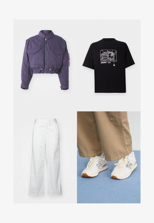 Giacca viola tagliata con zip frontale, due tasche sul petto, orlo con cordino e polsini elasticizzati; presenta un'etichetta sulla cucitura laterale.; Maglietta nera in cotone con maniche corte. Presenta una grafica e un logo a ragnatela bianca sul davanti. Scollo rotondo semplice.; Pantaloni bianchi a gamba larga realizzati in cotone, con una texture liscia, vestibilità dritta, tasche frontali e orlo pulito.; Scarpe da ginnastica bianche con una suola di gomma beige testurizzata. Presentano un dettaglio a stampa animale blu e lacci piatti beige, abbinate a pantaloni color cammello.