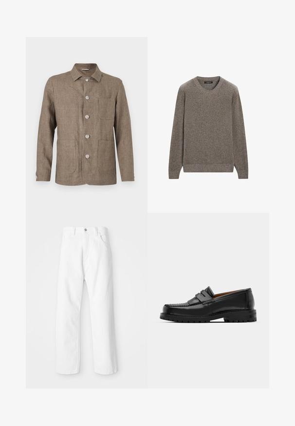 Brązowa lniana kurtka z kołnierzykiem, pięcioma guzikiem z przodu, dwoma kieszeniami naszytymi i dopasowanym krojem. Miękka tekstura i klasyczny design.; Brązowy sweter dzianinowy w prążki z okrągłym dekoltem i długimi rękawami, z teksturowanej tkaniny, z dopasowanymi mankietami i dołem. Prosty design.; Czarny prążkowany top bez rękawów z okrągłym dekoltem i szerokimi wycięciami na ramionach, wykonany z miękkiego, elastycznego materiału. Metka: Pull&Bear.; Białe dżinsy o prostym kroju nogawki, z zapięciem na guzik i suwak z przodu, pięcioma kieszeniami i gładkim, strukturalnym wykończeniem.; Czarne skórzane mokasyny mają wyraźny szew, dwa dekoracyjne paski na górze oraz grubą, teksturowaną podeszwę dla lepszej przyczepności.