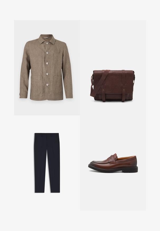 Brun linned jakke med krave, fem knapper fortil, to påsyede lommer og en skræddersyet pasform. Blød tekstur og klassisk design.; Mørkeblå strikket pullover med polo-krave, fire-knaps lukning og lange ærmer. Har en ribbet struktur og lige kant.; Marinebukser med en skræddersyet pasform, der har to forlommer, en flad frontdesign og en glat tekstur. Ingen synlige mønstre eller udsmykninger.; Brune læder loafers med rund tå, dekorativ syning og sort gummisål. Glat tekstur og minimale design detaljer.; Brun læder buddeltaske med en flad frontklap, to remme, guld hardware detaljer og en justerbar skulderrem.; Sølvmetal ur med en børstet blå urskive, hvide timemarkører og en datovisning. Har et sammenkædet metalarmbånd og brandlogo.